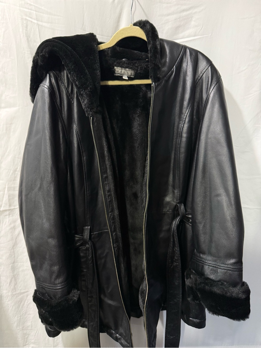 Pelle Studio Black Faux-Fur Trim Leather Jacket with Hood